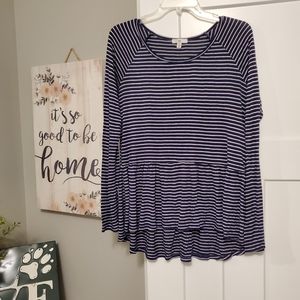Navy and white striped peplum long sleeve shirt, size large